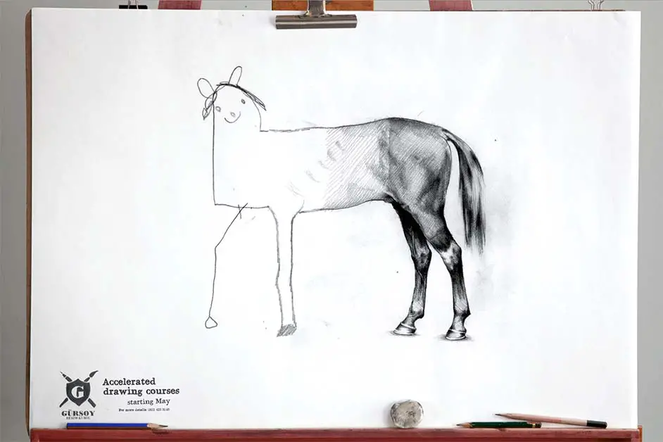 Gezeichnetes Pferd von Ali Bati, zum Thema Quantität vor Qualität