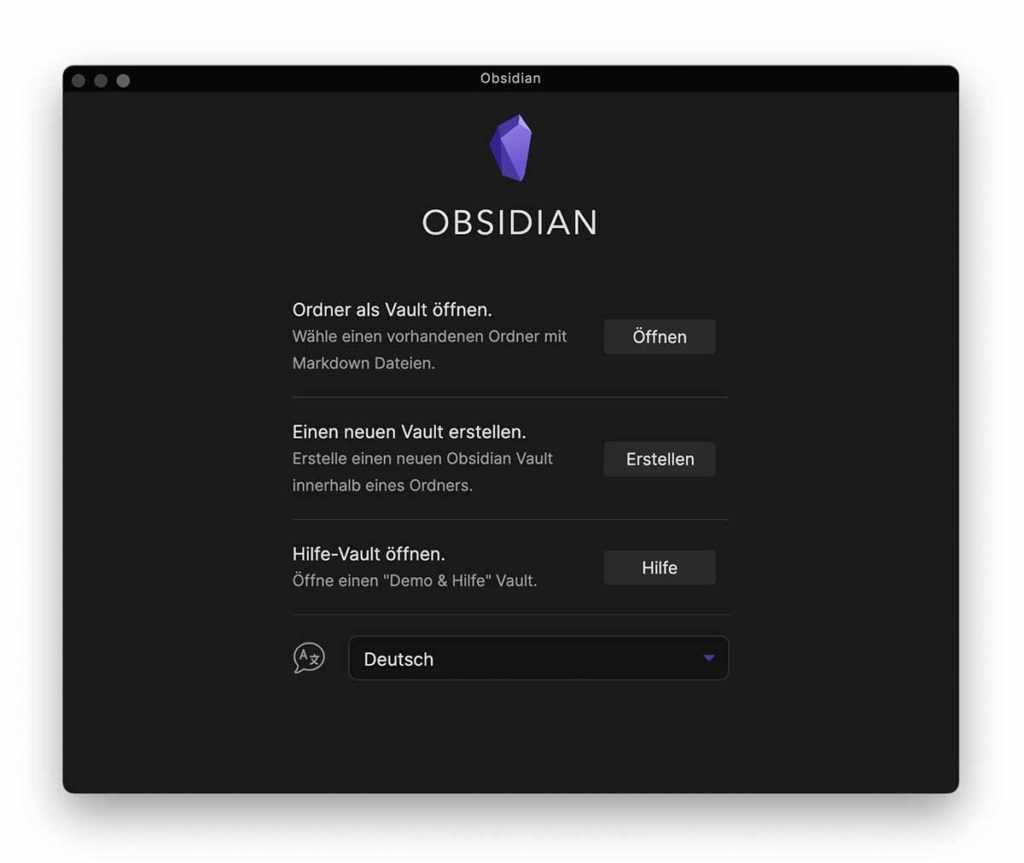 Deutschsprachiges Startfenster von Obsidian.